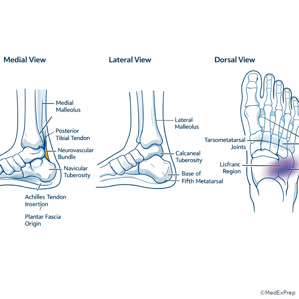 Foot and ankle surface landmarks with high-yield injury zones
