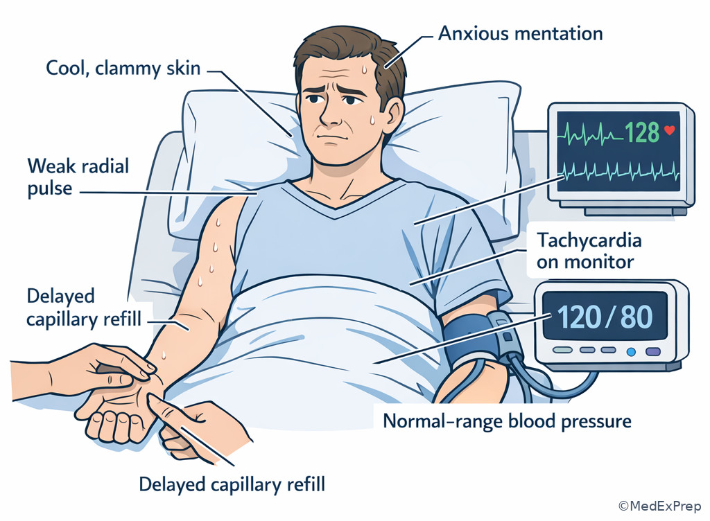 Labeled compensated shock bedside findings illustration