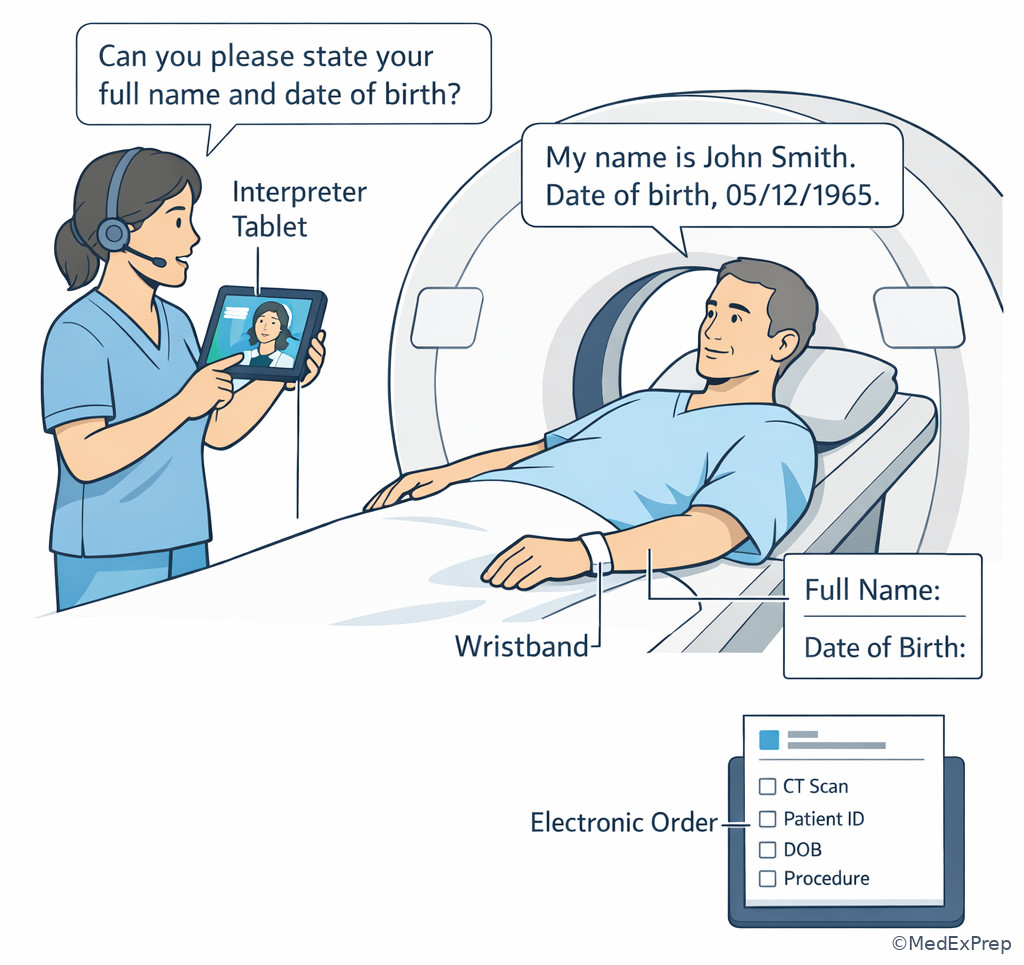 Interpreter-assisted patient identification in CT