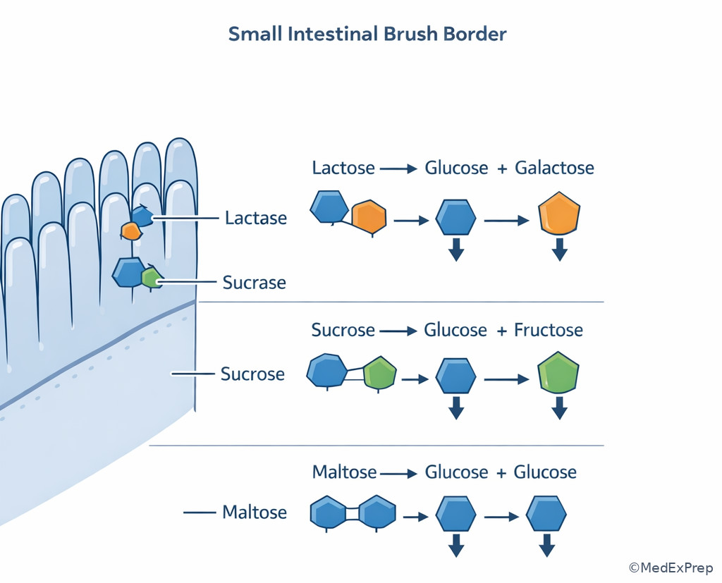 Brush border enzymes on the small intestinal surface