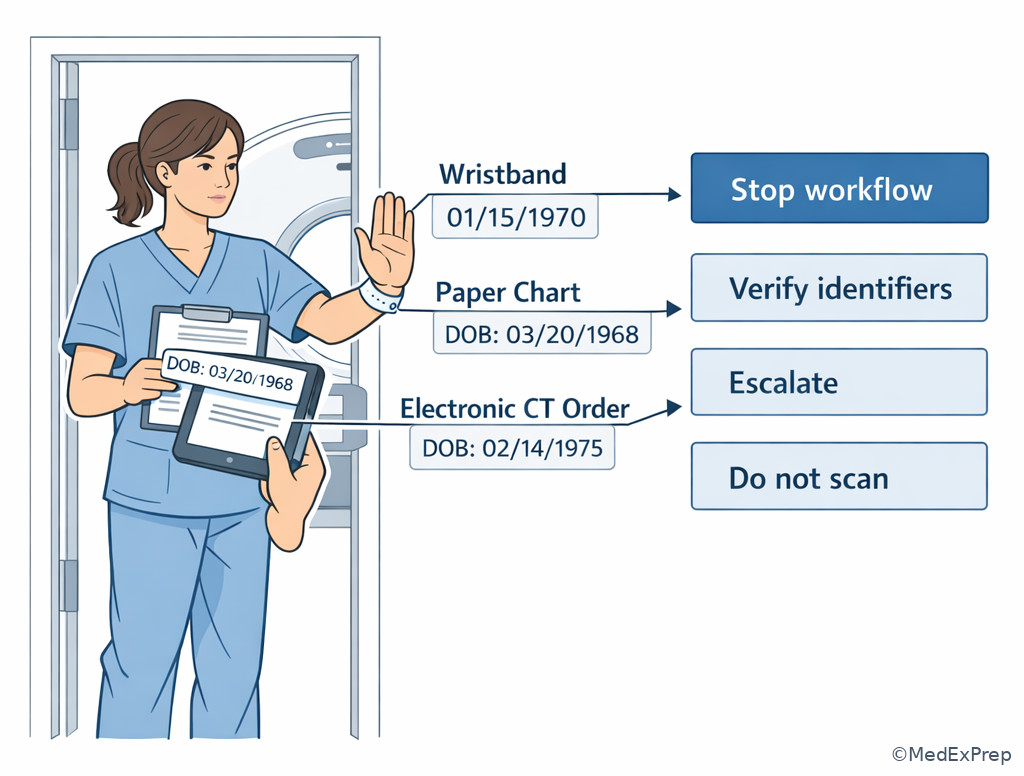 CT technologist pausing workflow after identifier mismatch