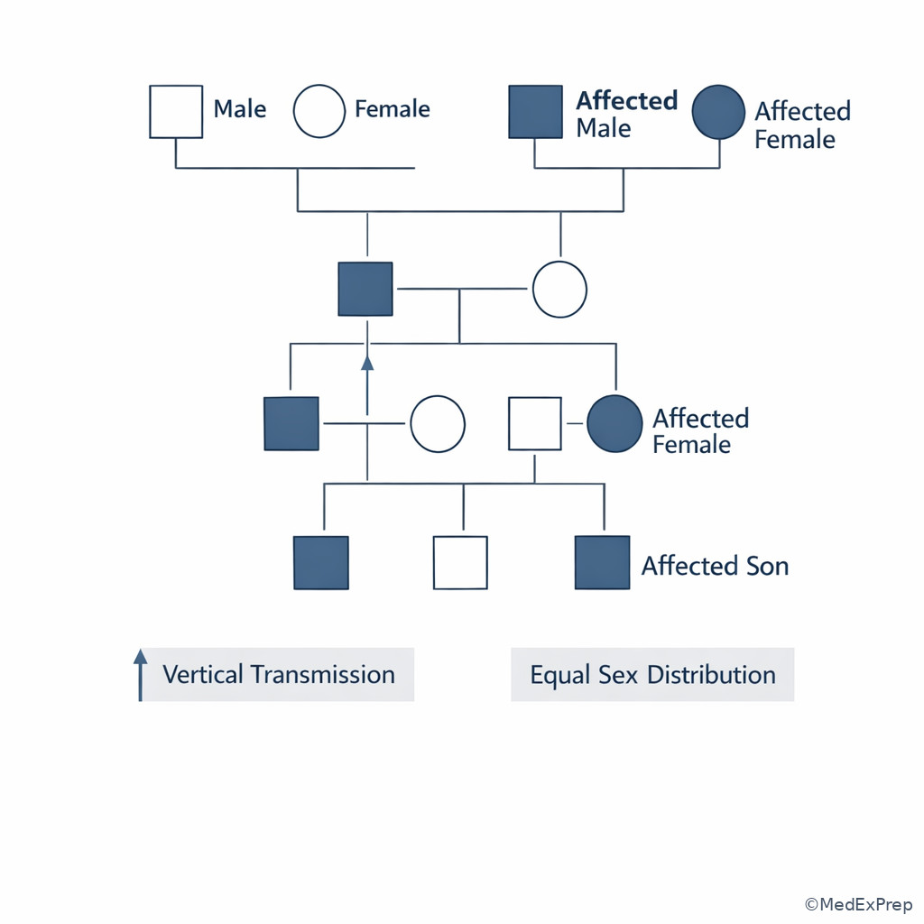 Pedigree-style family illustration with affected individuals across three generations