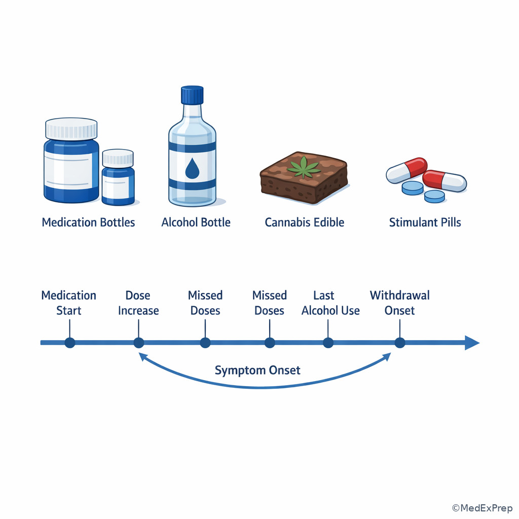 Medication bottles and substance timeline correlation chart