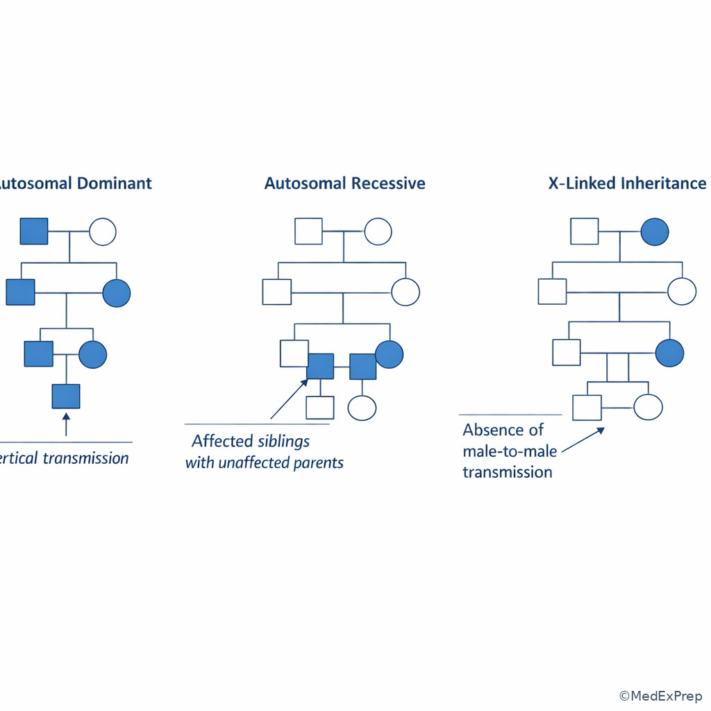 Side-by-side inheritance comparison image highlighting autosomal dominant recessive and X-linked pedigree clues