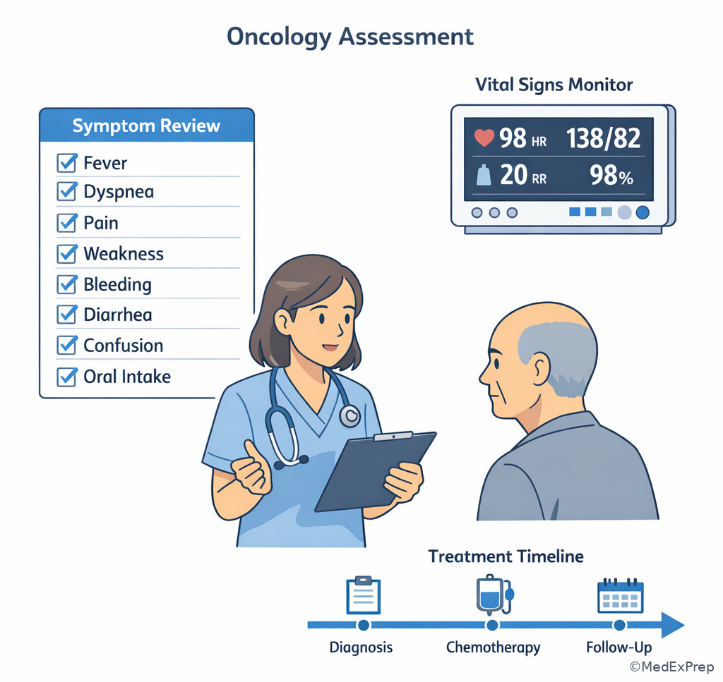 Focused oncology assessment with red-flag symptom review