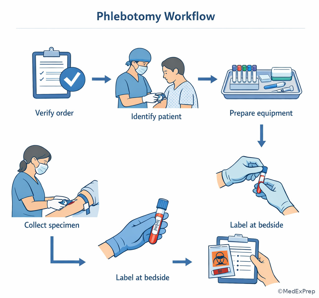 Flow-style medical illustration of the phlebotomy workflow from verify to document