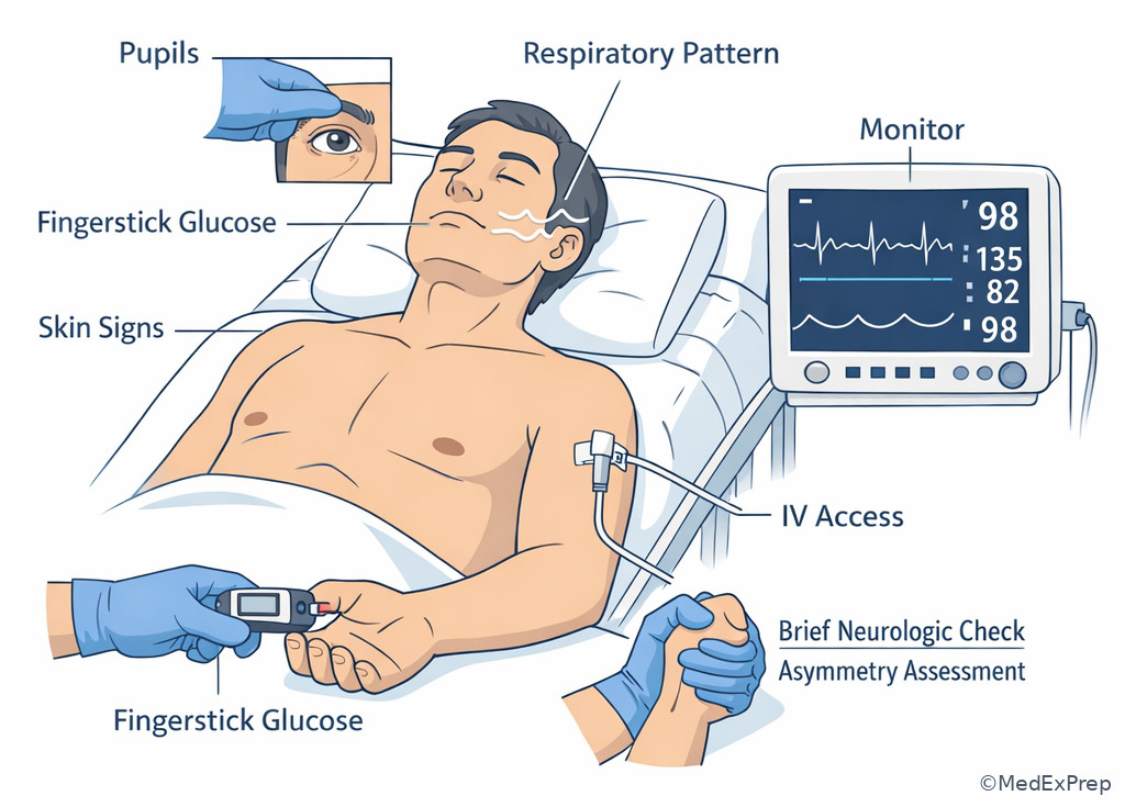 Labeled altered mental status rapid screen diagram