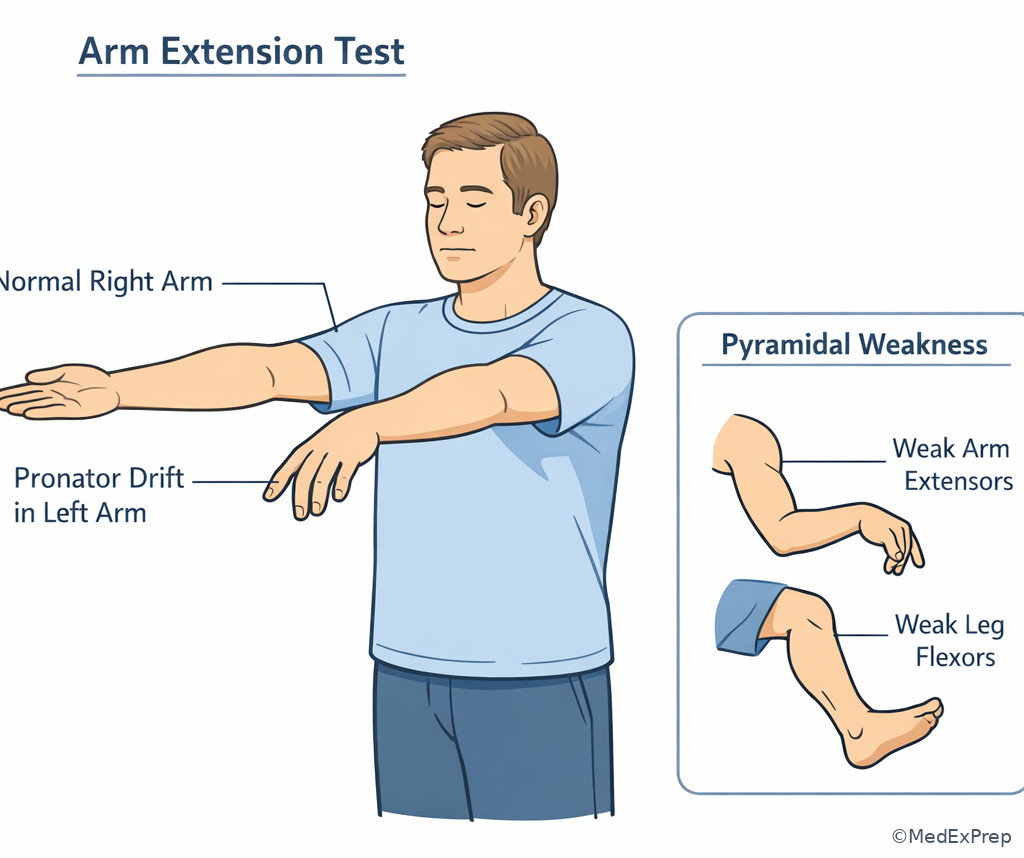 Pronator drift and pyramidal weakness exam view