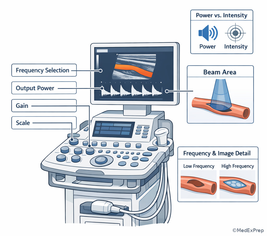 Vascular ultrasound console with labeled physics-related controls and concepts