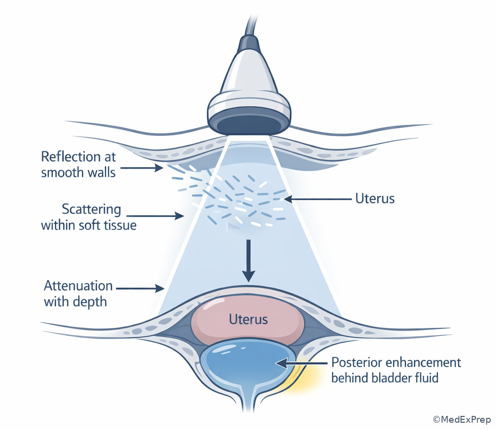 Ultrasound beam interacting with pelvic tissues