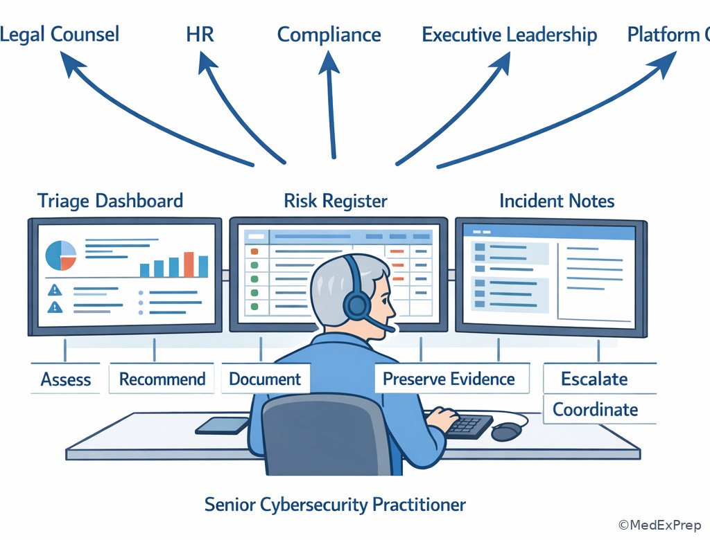 Security practitioner decision desk with escalation paths
