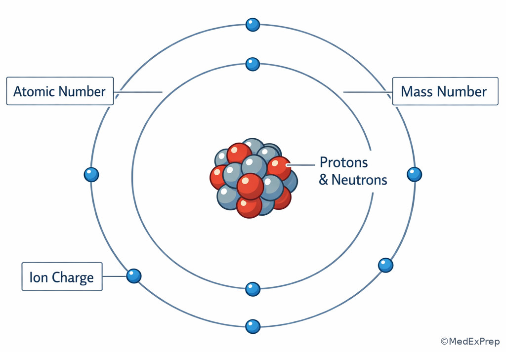 Atomic model with labeled nucleus and electron shells