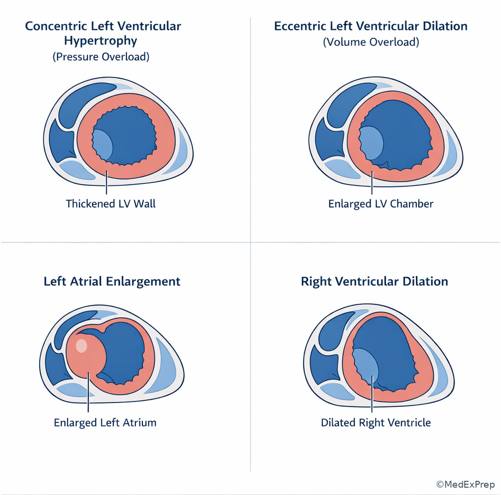 Chamber remodeling patterns on echocardiography concept image