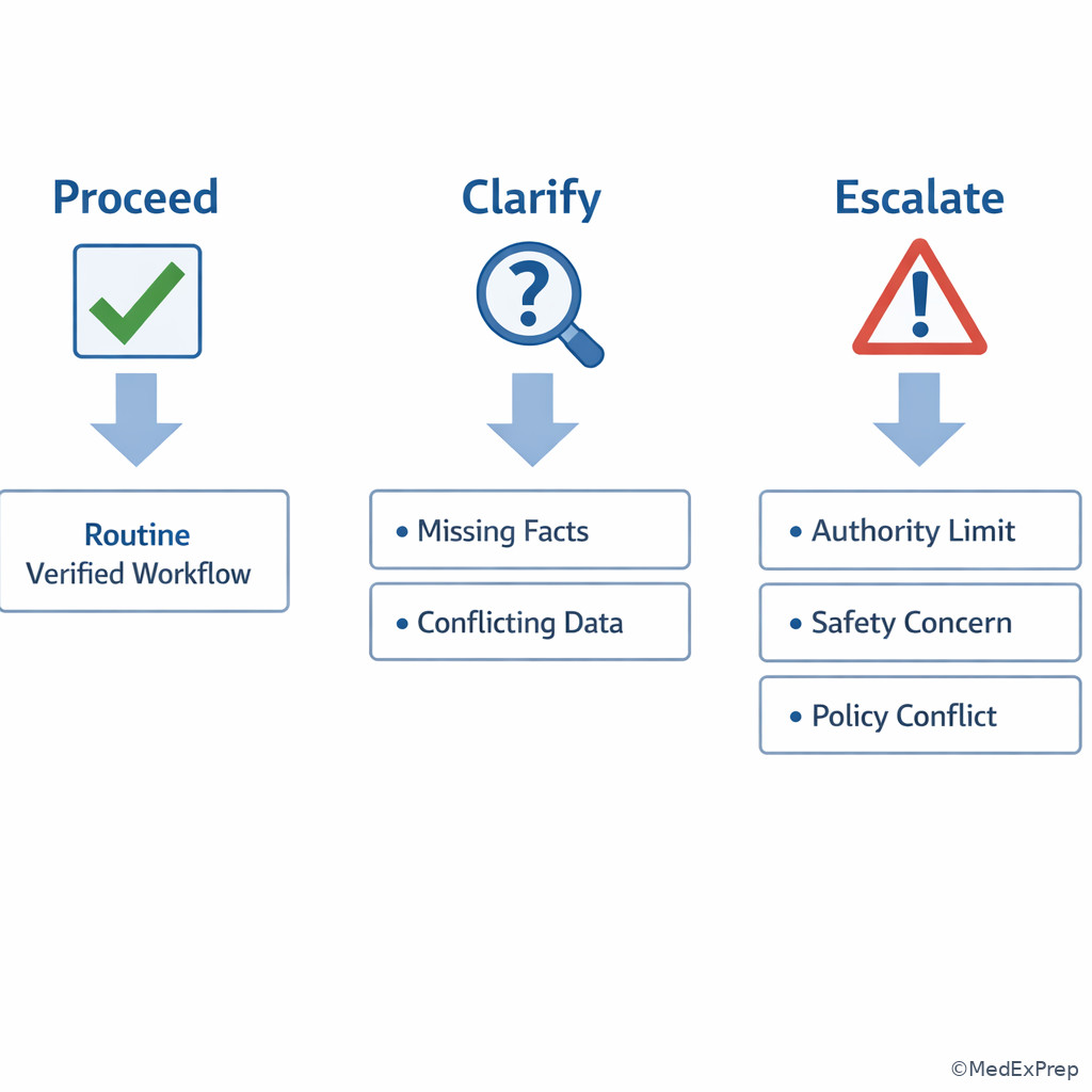 Decision board for proceed clarify escalate choices