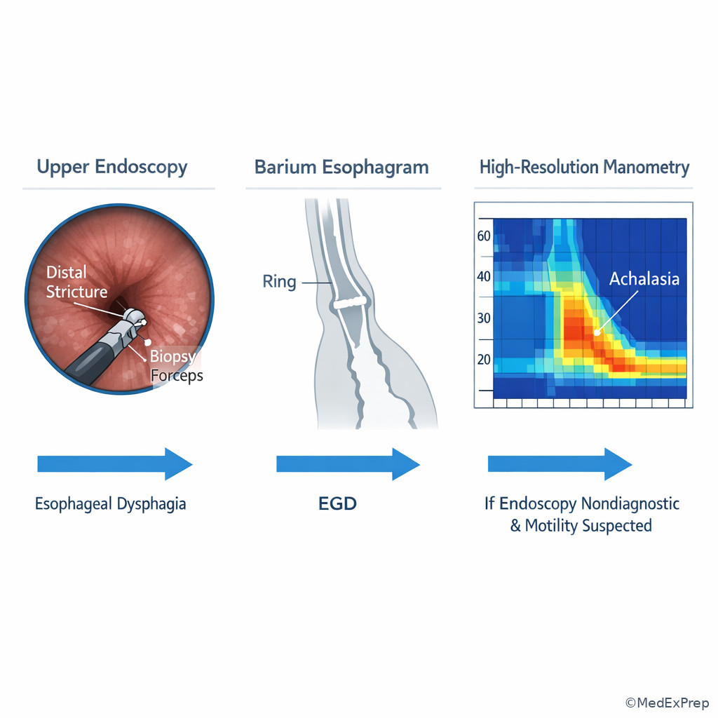 Diagnostic pathway illustration showing EGD, barium esophagram, and high-resolution manometry