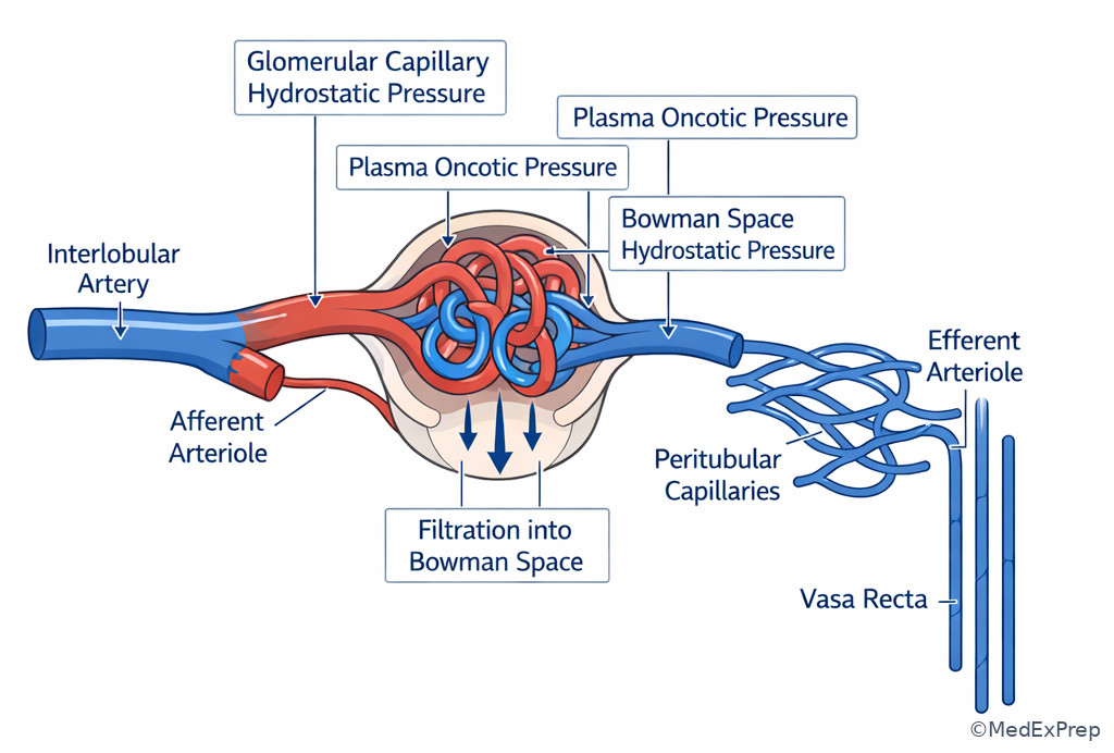 Fig 3. Labeled renal microcirculation and filtration forces