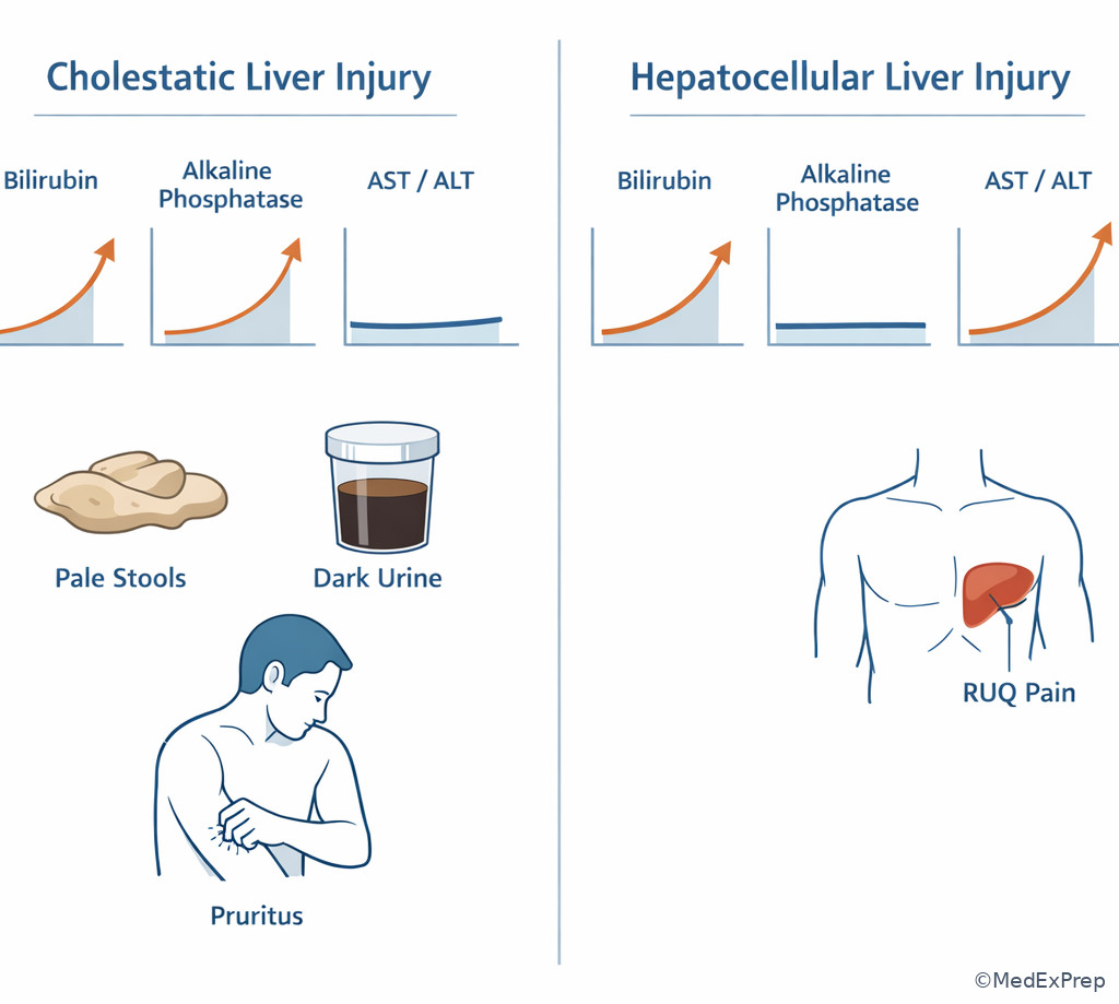 Cholestatic versus hepatocellular lab pattern graphic