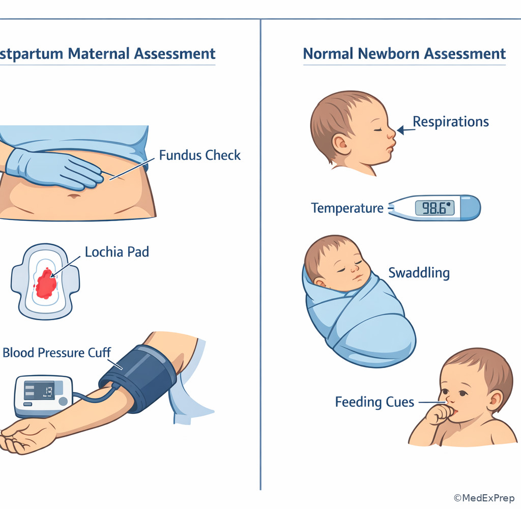 Labeled postpartum versus newborn assessment split screen