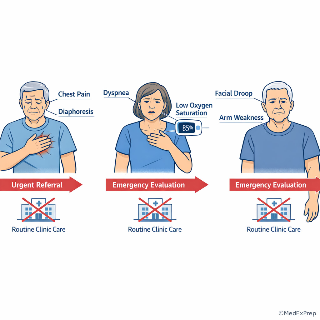 Red flag triage visual for chest pain, dyspnea, and neurologic symptoms