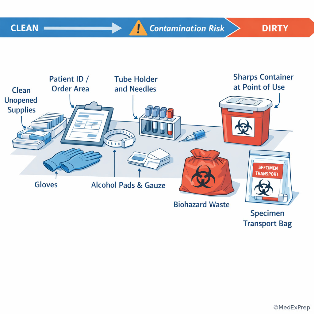 Phlebotomy setup with contamination-risk labels