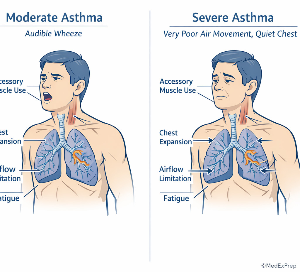 Labeled severe asthma versus quiet chest comparison illustration