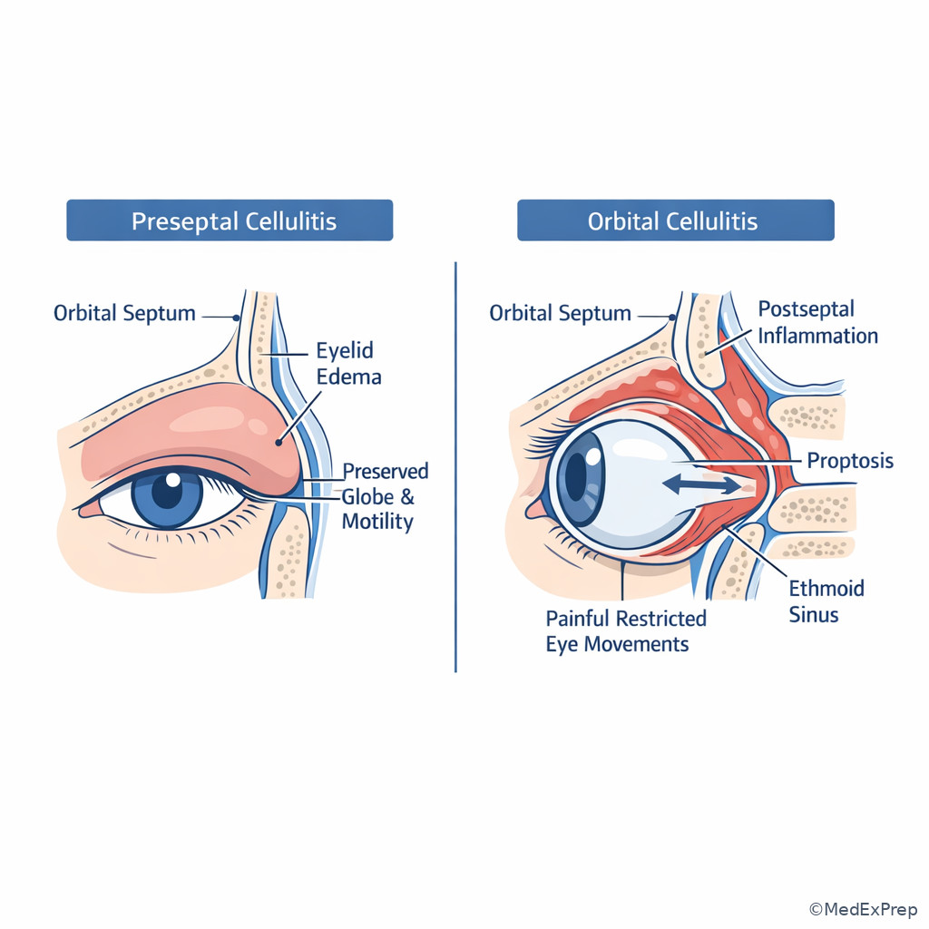 Orbital cellulitis versus preseptal cellulitis comparison image