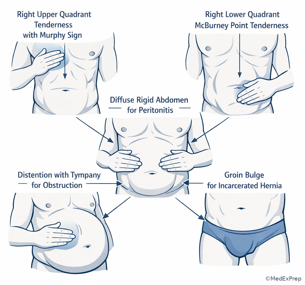 Annotated abdominal exam cues