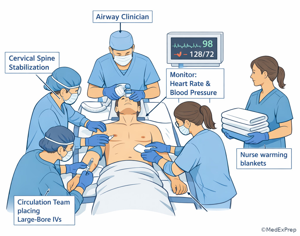 Trauma bay team positions during primary survey