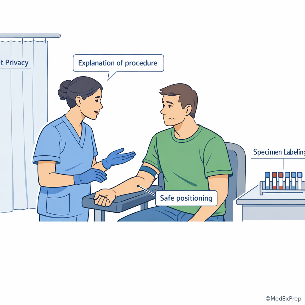 Textbook illustration of phlebotomist explaining procedure to an anxious outpatient while maintaining privacy curtain