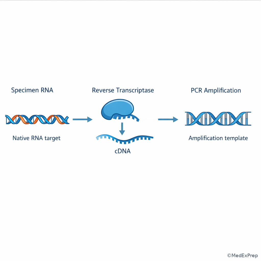 Laboratory workflow graphic showing RNA to cDNA to amplification