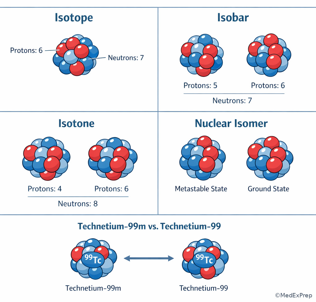 Comparison graphic of isotope versus isobar versus isotone versus isomer