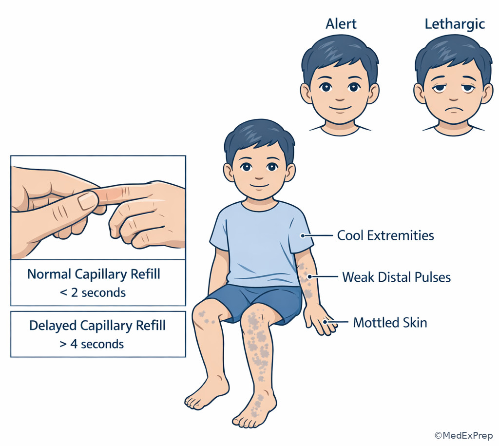 Labeled illustration of pediatric perfusion assessment