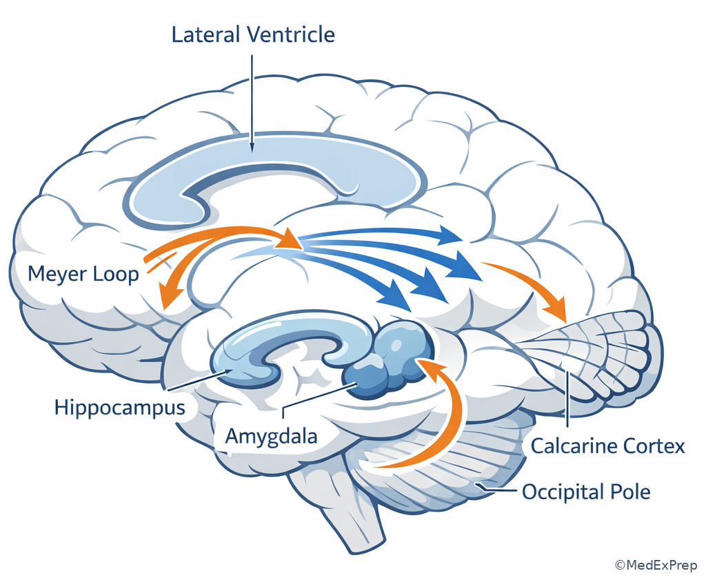 Temporal lobe and optic radiation illustration