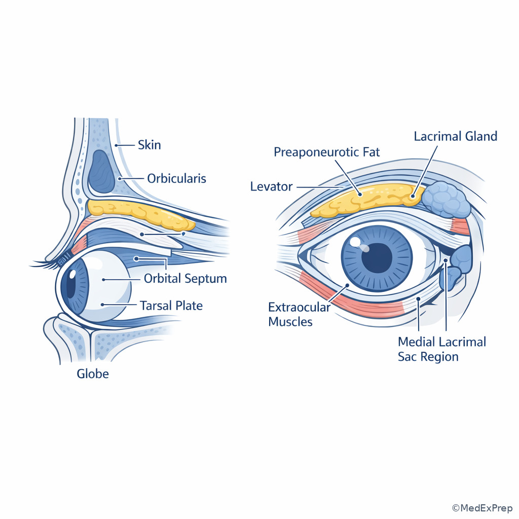 Orbital septum and adnexal compartments