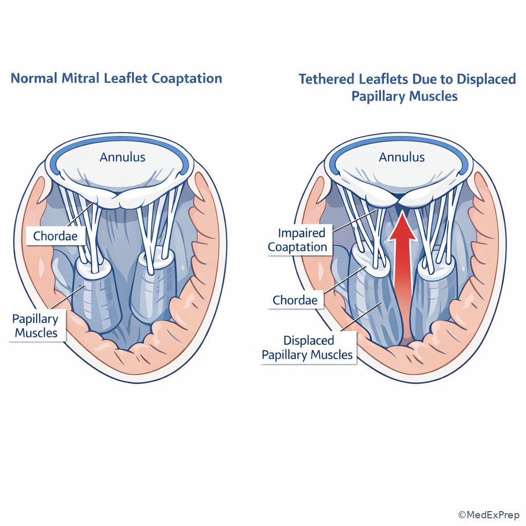 Papillary muscle tethering in functional mitral regurgitation