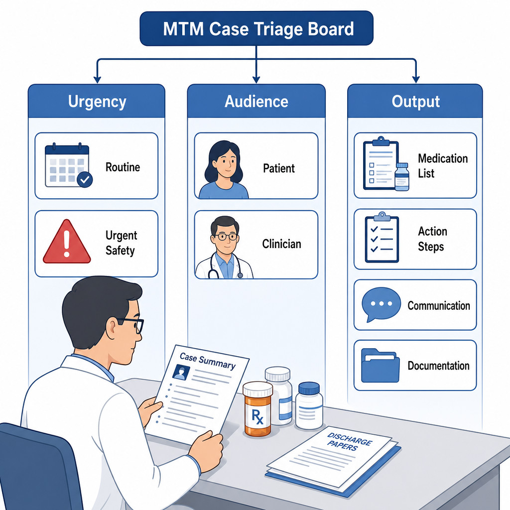 MTM case triage board with next-step choices